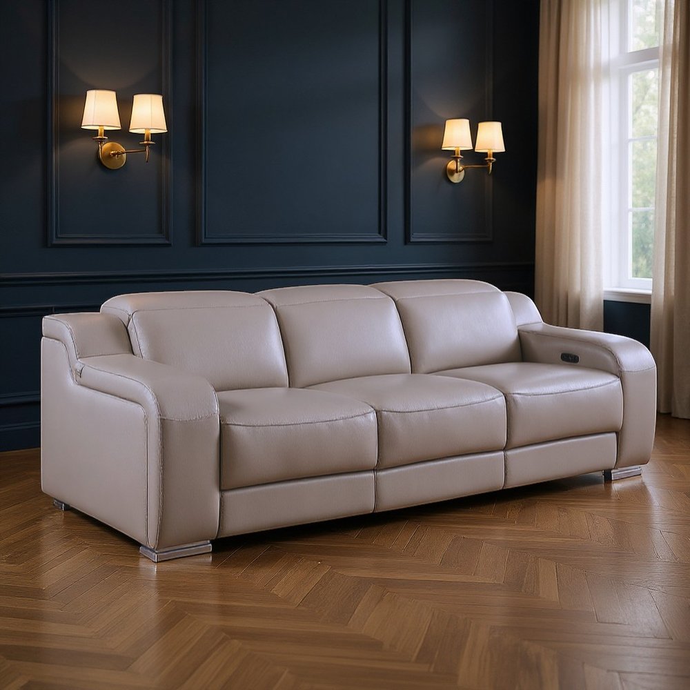103" Light Gray Italian Leather Reclining USB Sofa