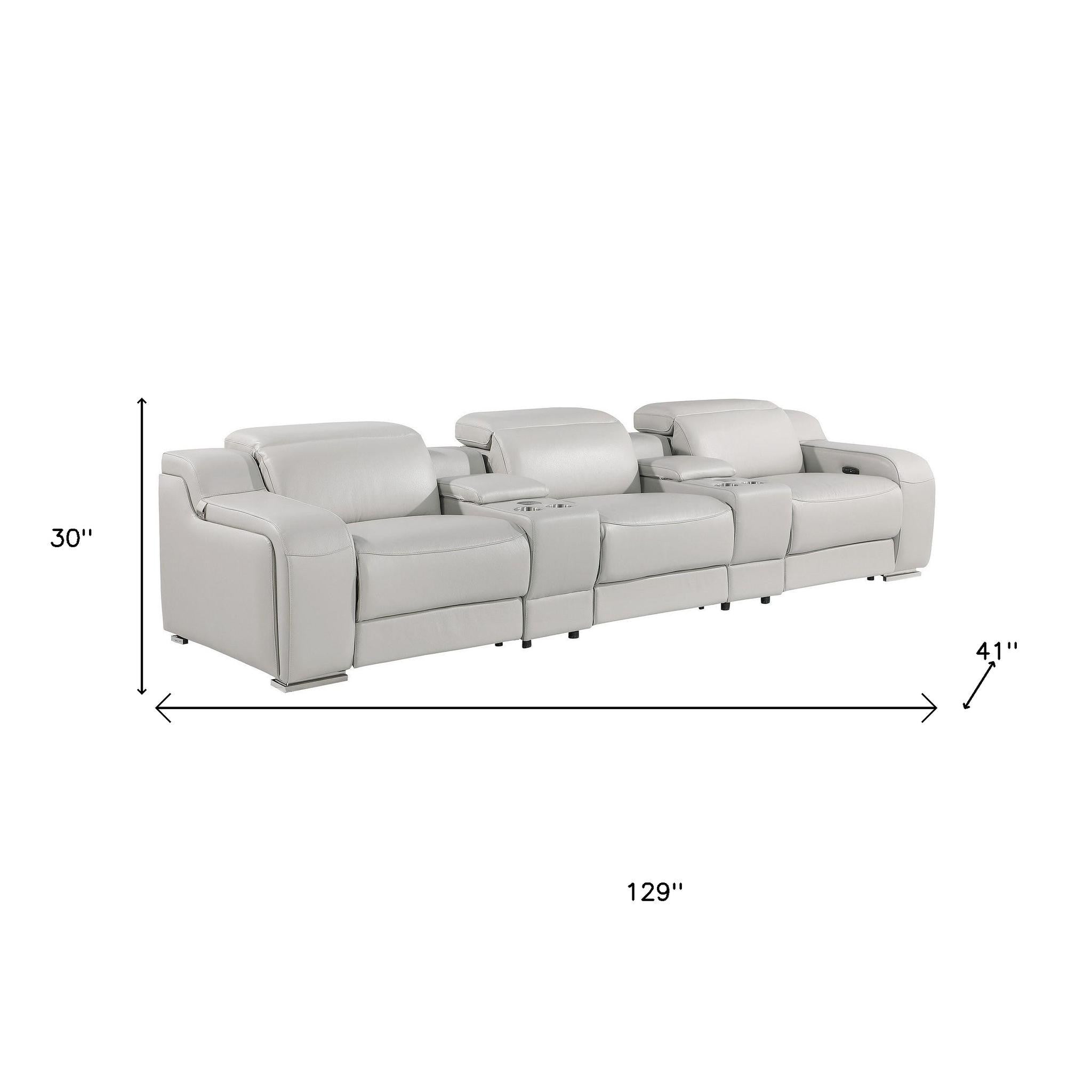 129" Light Gray Italian Leather Reclining USB Sofa