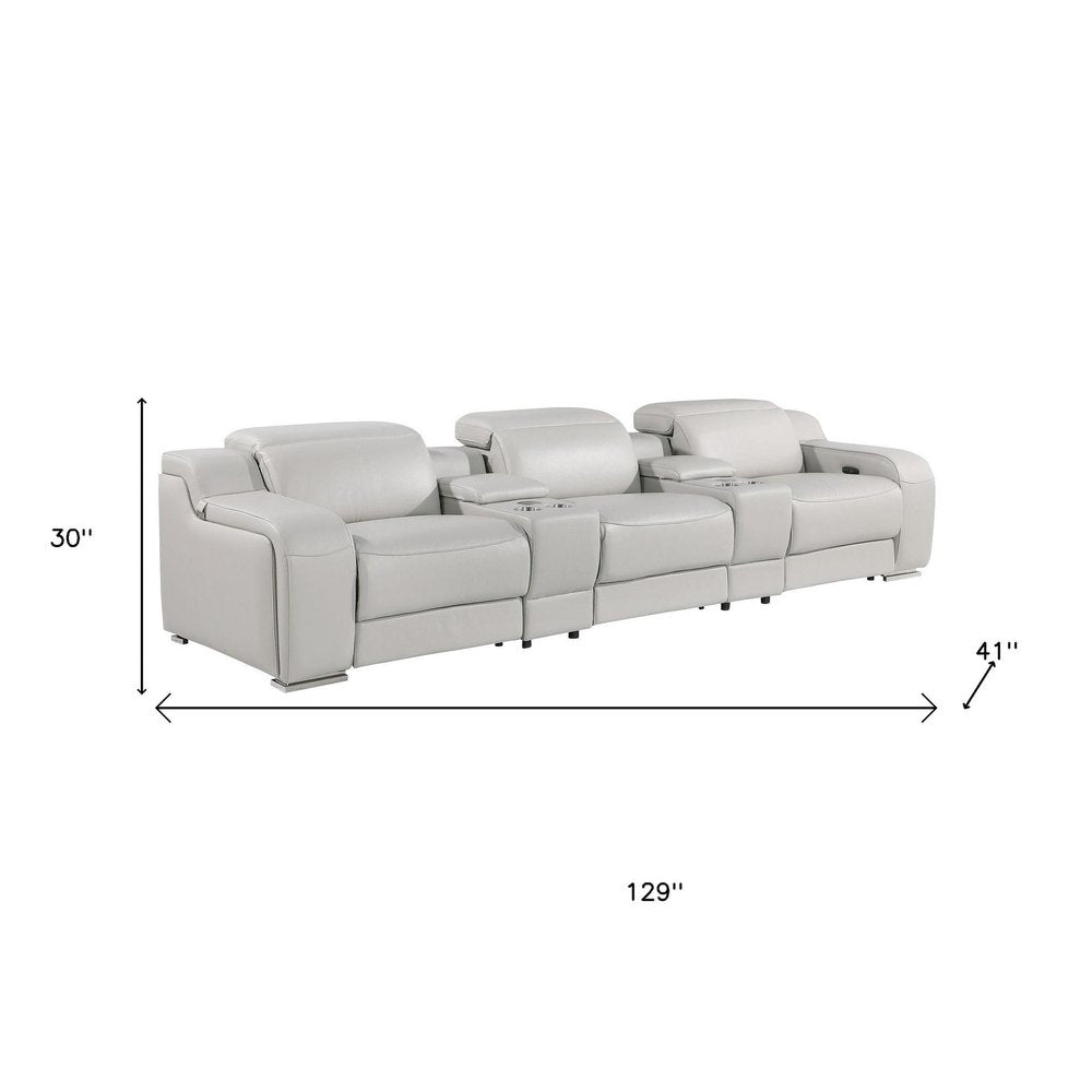 129" Light Gray Italian Leather Reclining USB Sofa