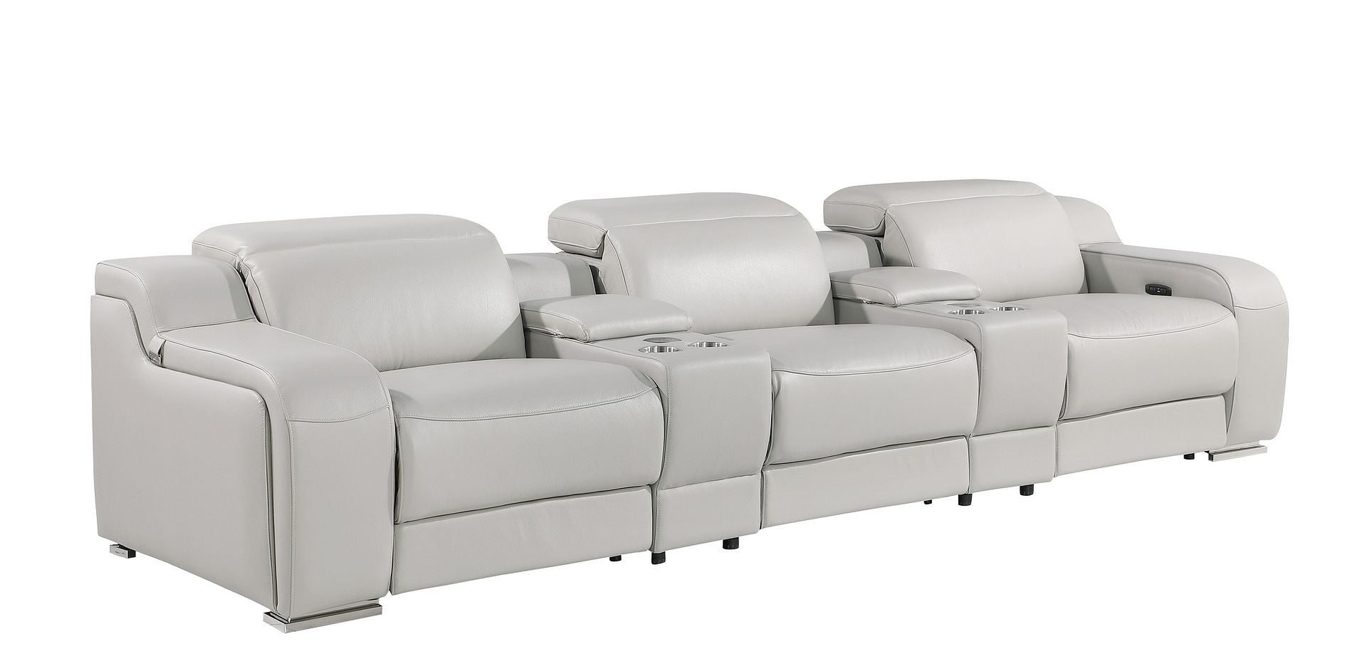 129" Light Gray Italian Leather Reclining USB Sofa