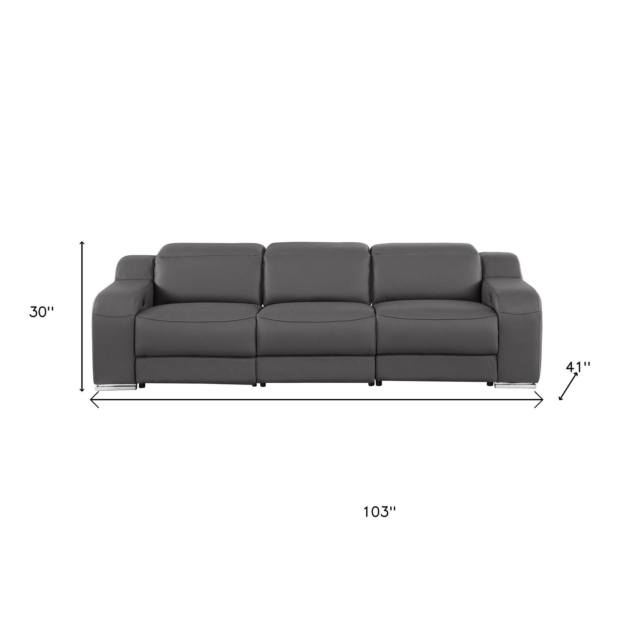 103" Dark Gray Italian Leather Reclining USB Sofa