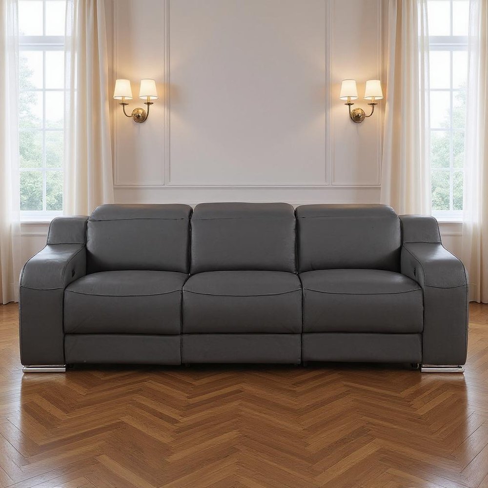 103" Light Gray Italian Leather Reclining USB Sofa