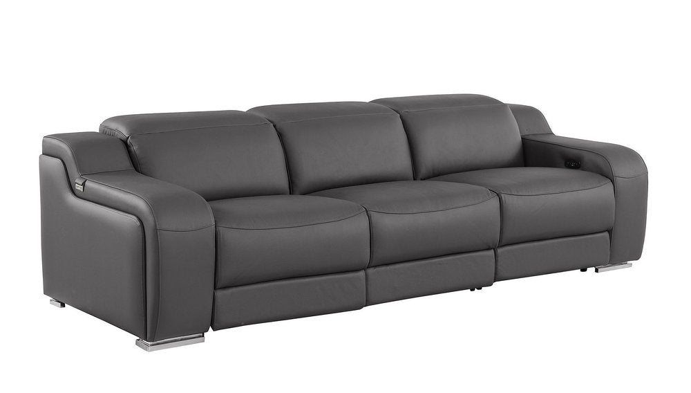 103" Light Gray Italian Leather Reclining USB Sofa