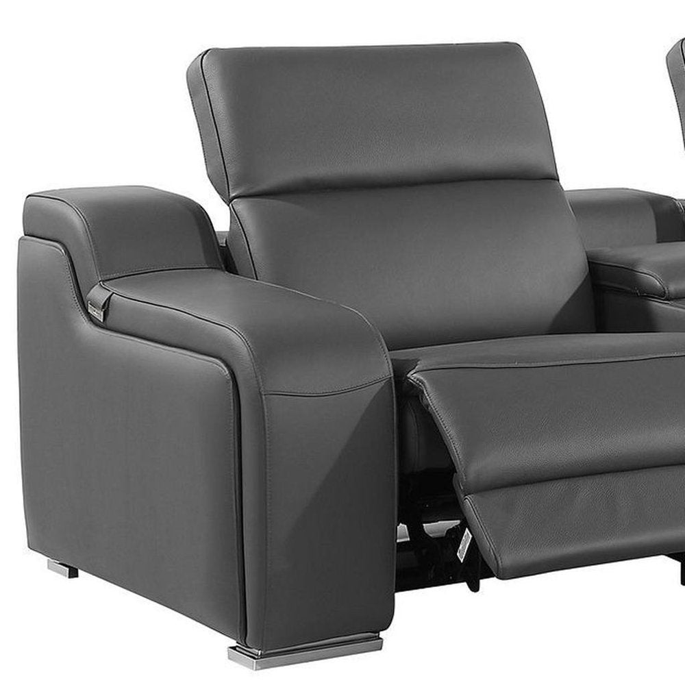129" Light Gray Italian Leather Reclining USB Sofa