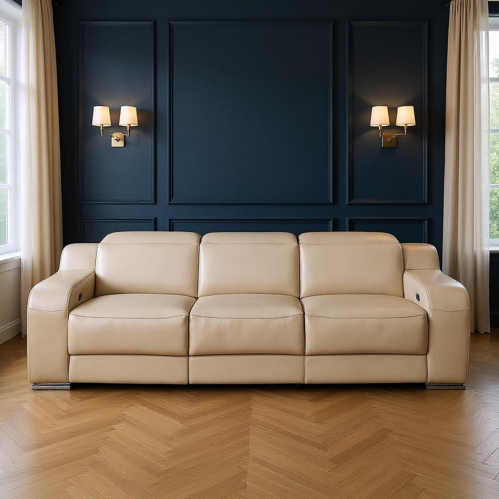 103" Beige Italian Leather Reclining USB Sofa