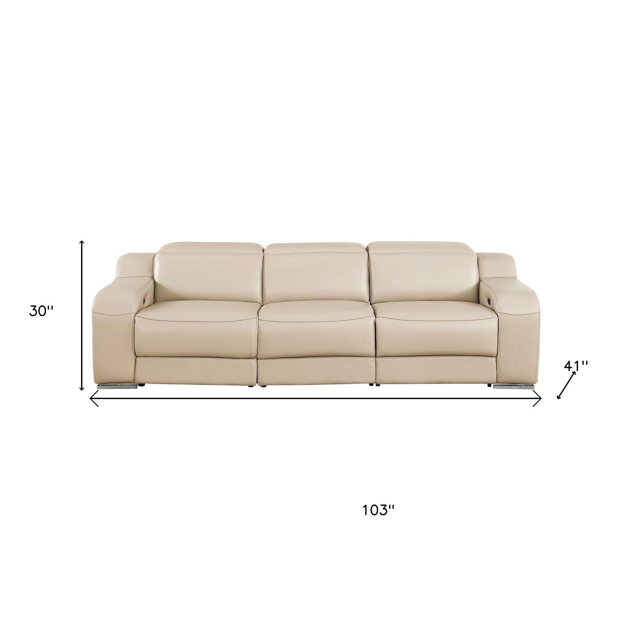 103" Beige Italian Leather Reclining USB Sofa
