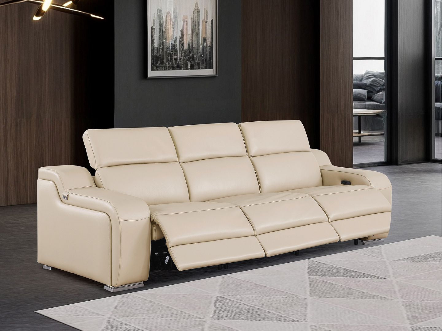 103" Beige Italian Leather Reclining USB Sofa