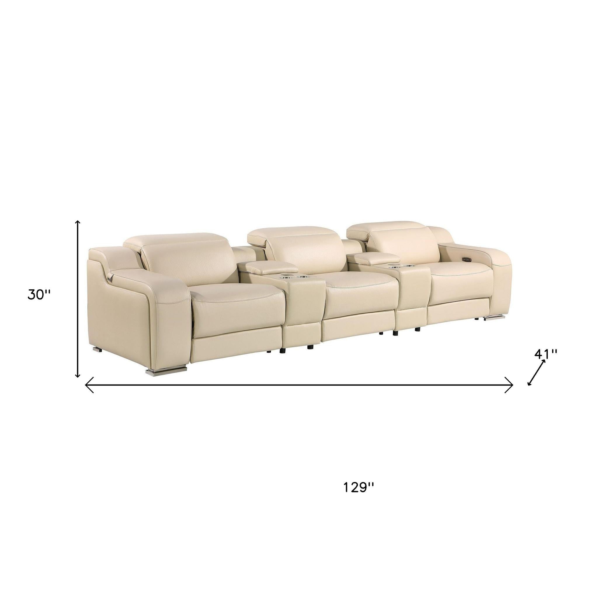129" Beige Italian Leather Reclining USB Sofa
