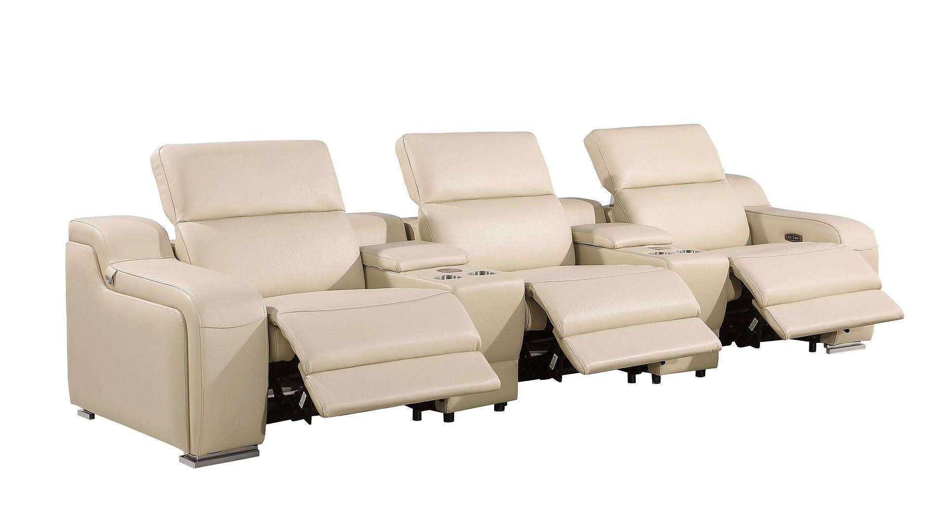 129" Beige Italian Leather Reclining USB Sofa