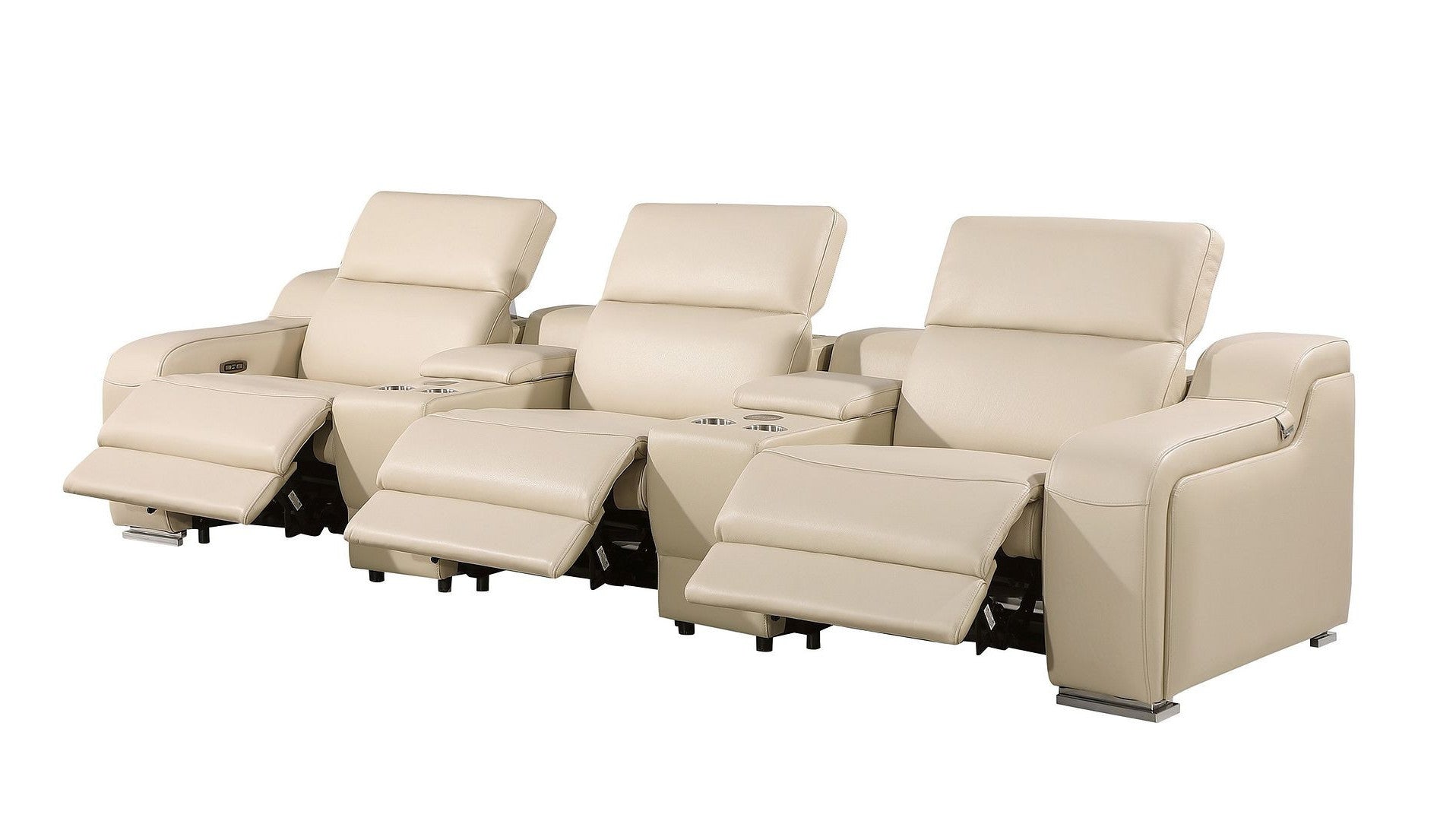 129" Beige Italian Leather Reclining USB Sofa