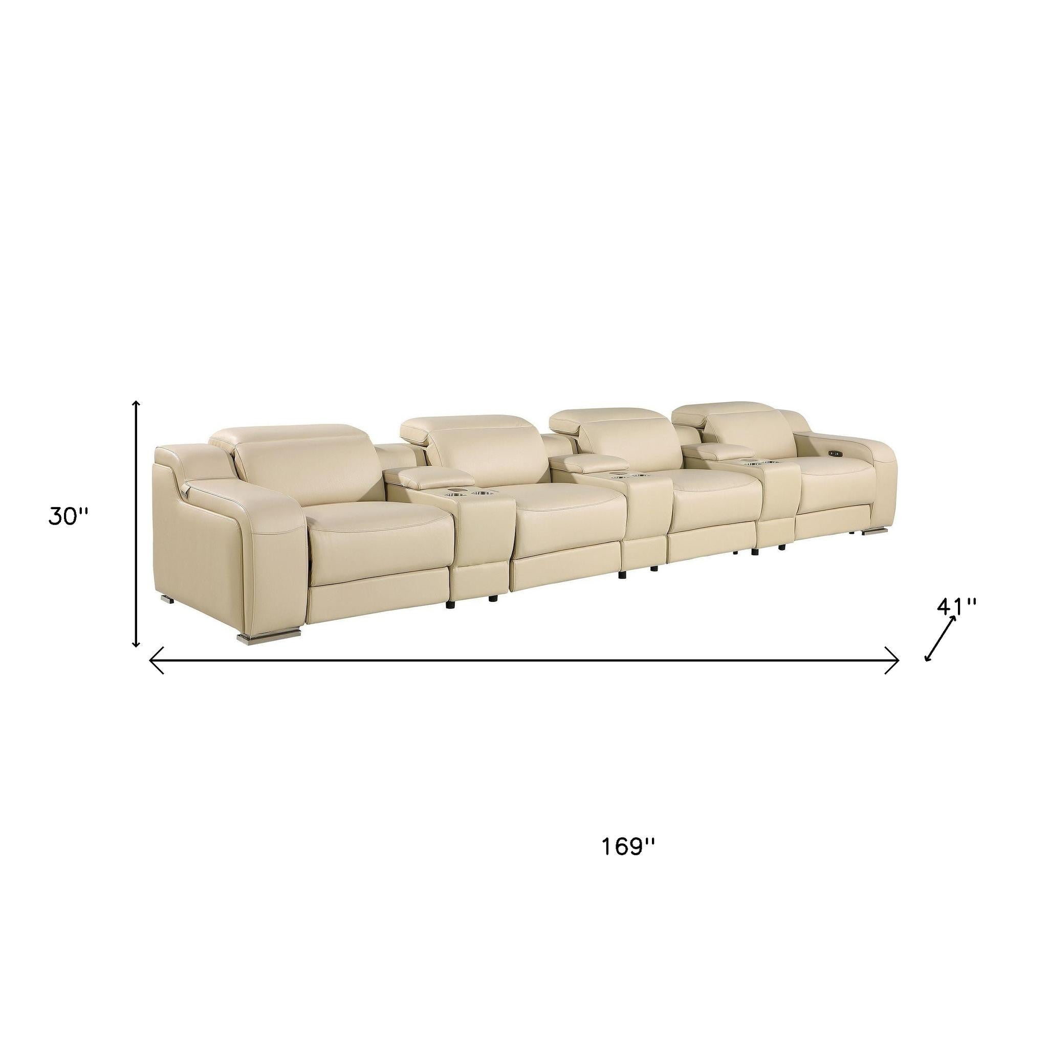 169" Beige Italian Leather Reclining USB Sofa