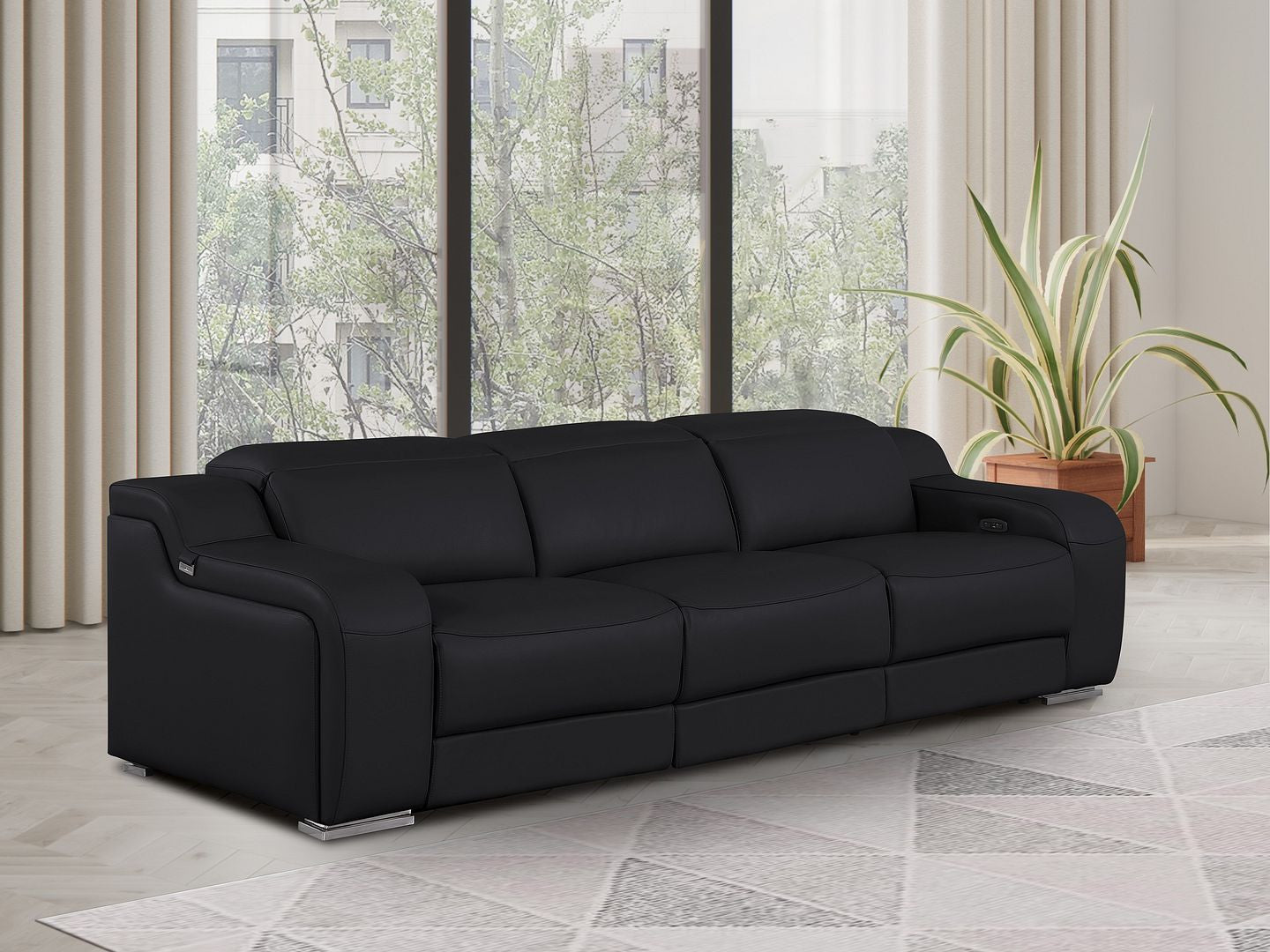 103" Black Italian Leather Reclining USB Sofa