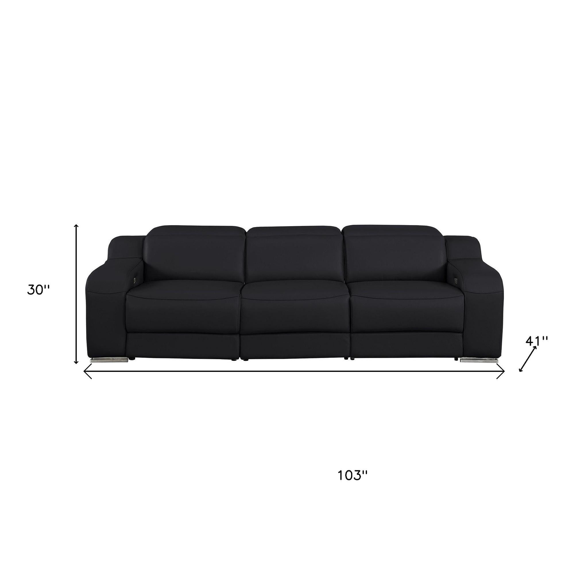 103" Black Italian Leather Reclining USB Sofa