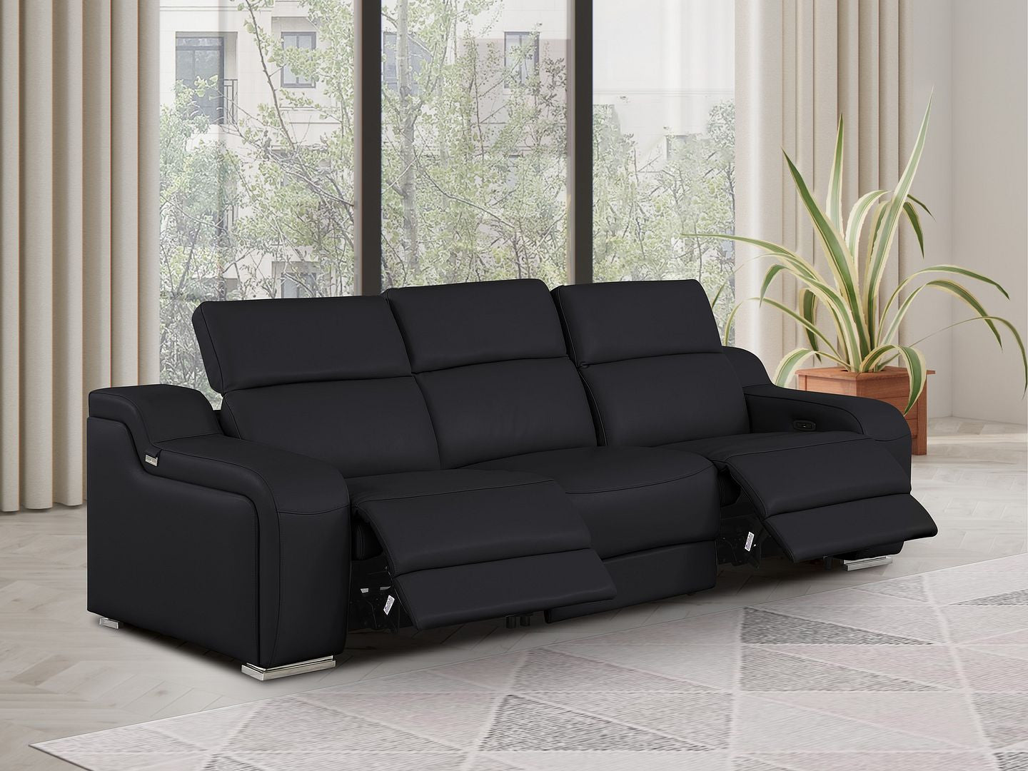 103" Black Italian Leather Reclining USB Sofa
