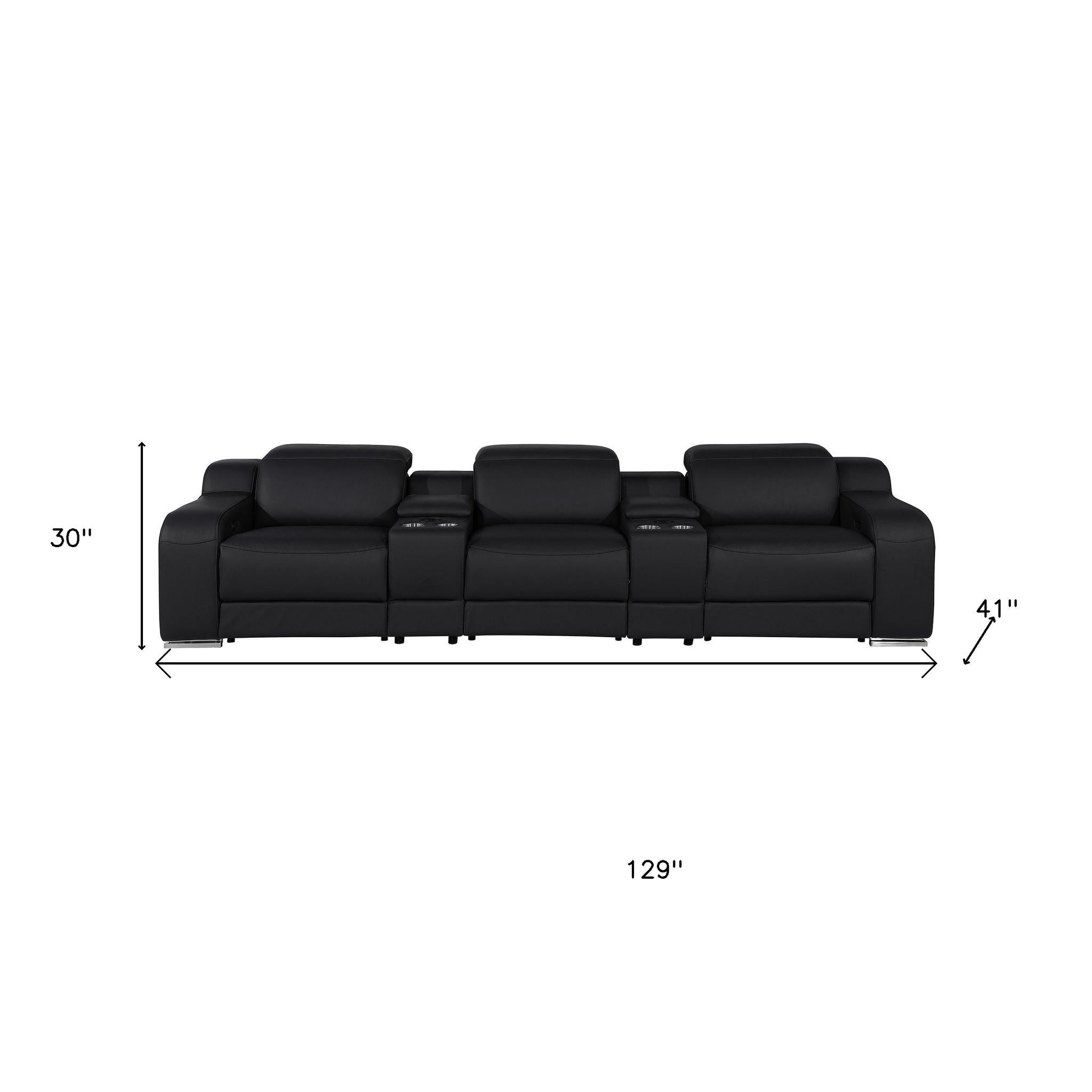 129" Black Italian Leather Reclining USB Sofa