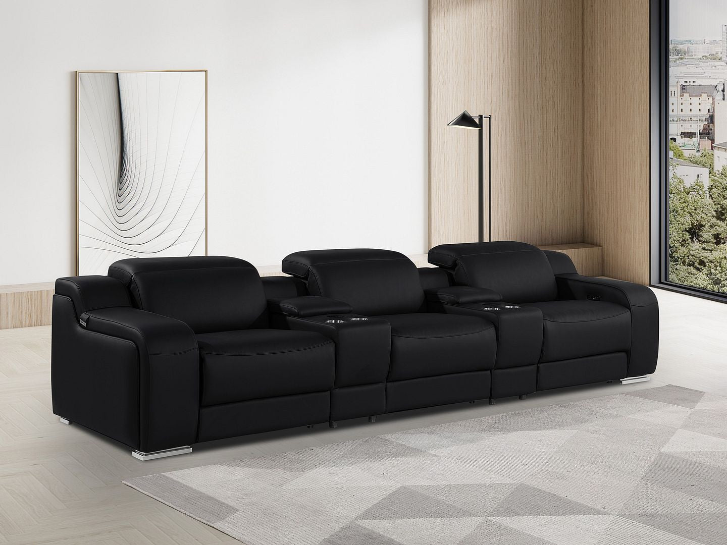 129" Black Italian Leather Reclining USB Sofa