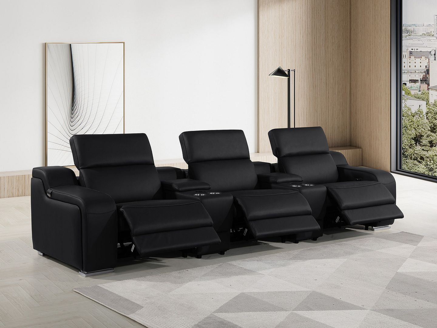 129" Black Italian Leather Reclining USB Sofa