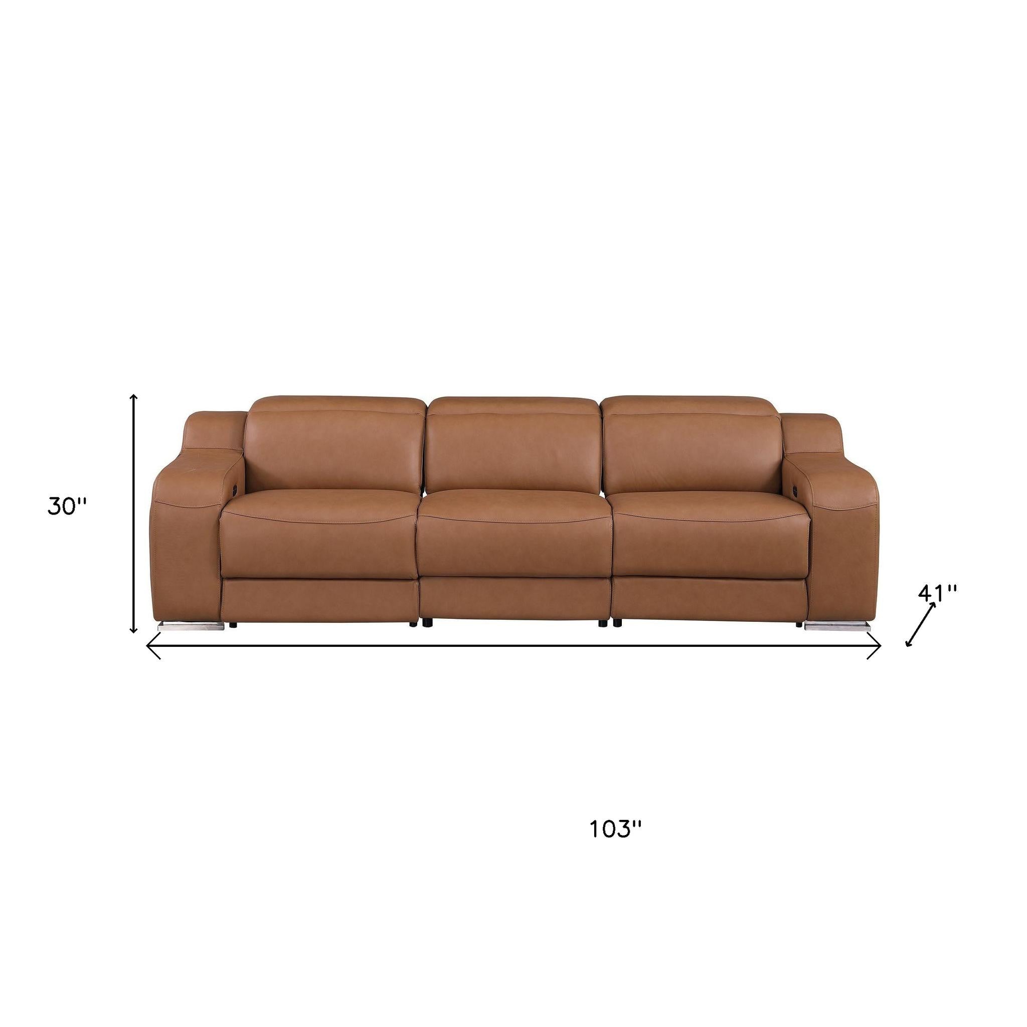 103" Chestnut Italian Leather Reclining USB Sofa