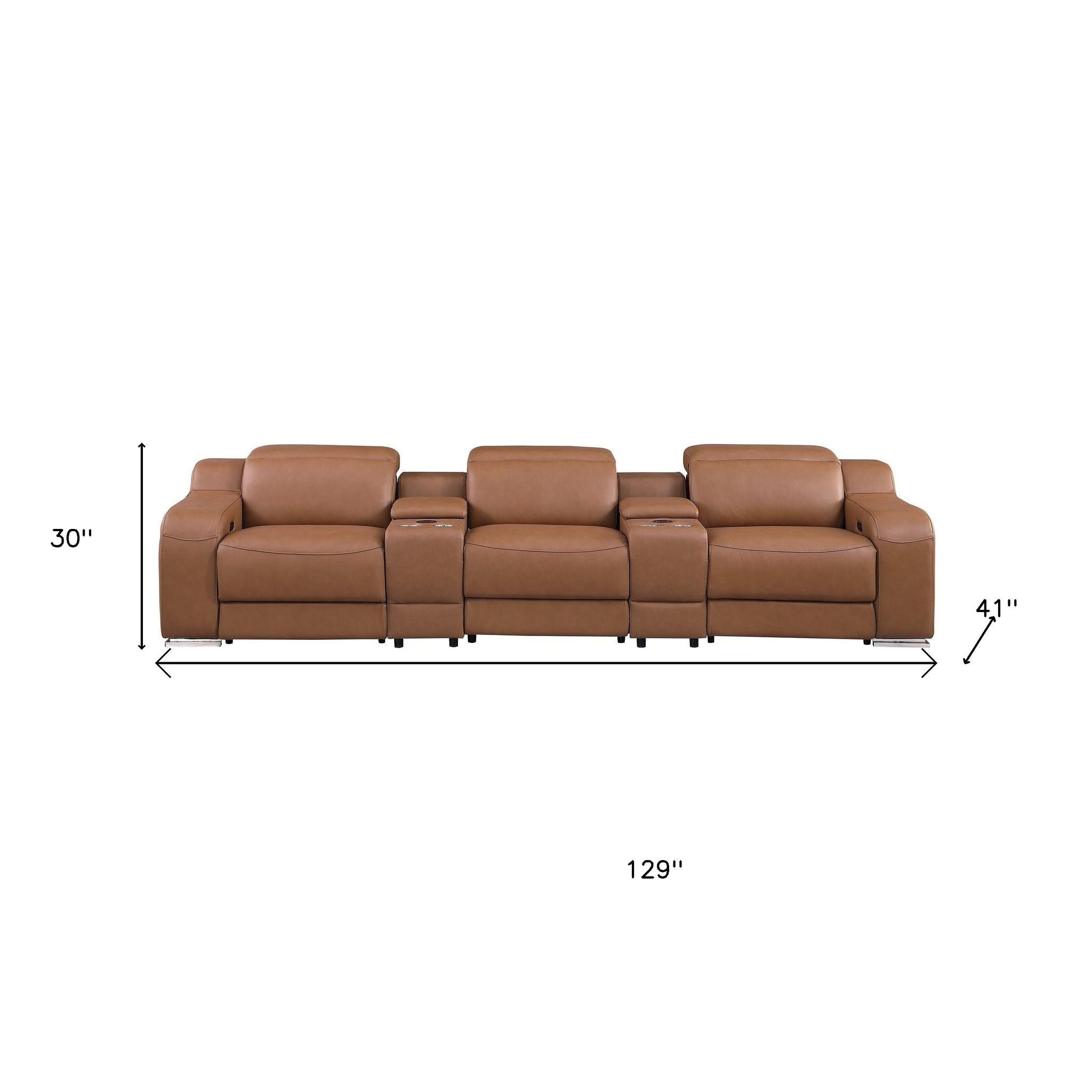 129" Chestnut Italian Leather Reclining USB Sofa
