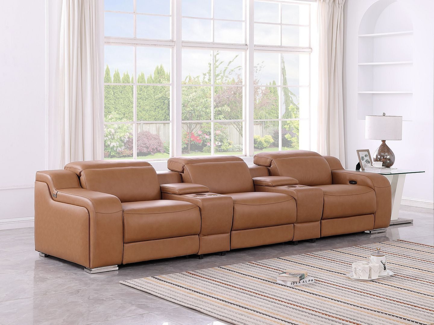 129" Chestnut Italian Leather Reclining USB Sofa