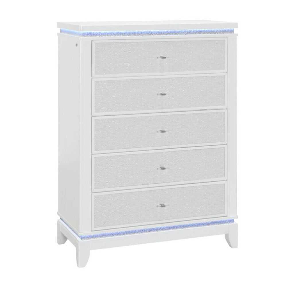 36" White Faux Crystal Glitter Wood Lighted Five Drawer Dresser