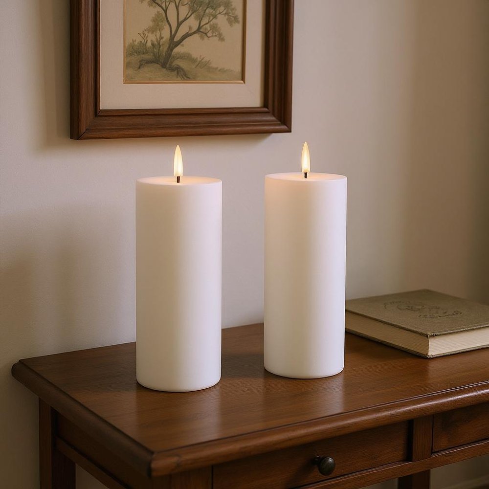 Set of Two White Unscented Candle Flameless Pillar Candles