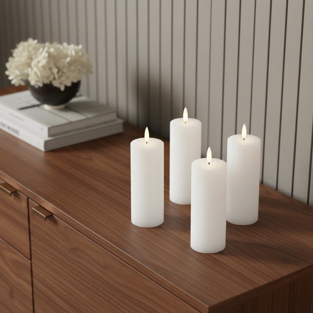 Set of Four White Unscented Candle Flameless Pillar Candles