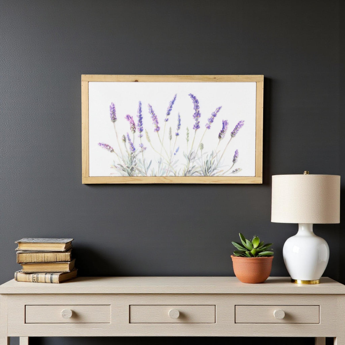 16" X 26" Natural White And Lavender Floral Wood Framed Art