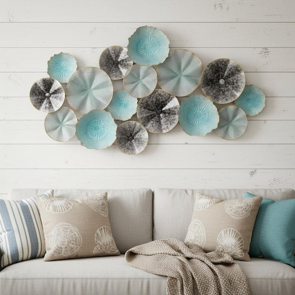 24" X 44" Aqua Charcoal And Silver Abstract Metal Round Discs Hanging Dimensional Sculpture