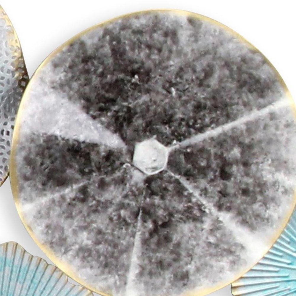 24" X 44" Aqua Charcoal And Silver Abstract Metal Round Discs Hanging Dimensional Sculpture