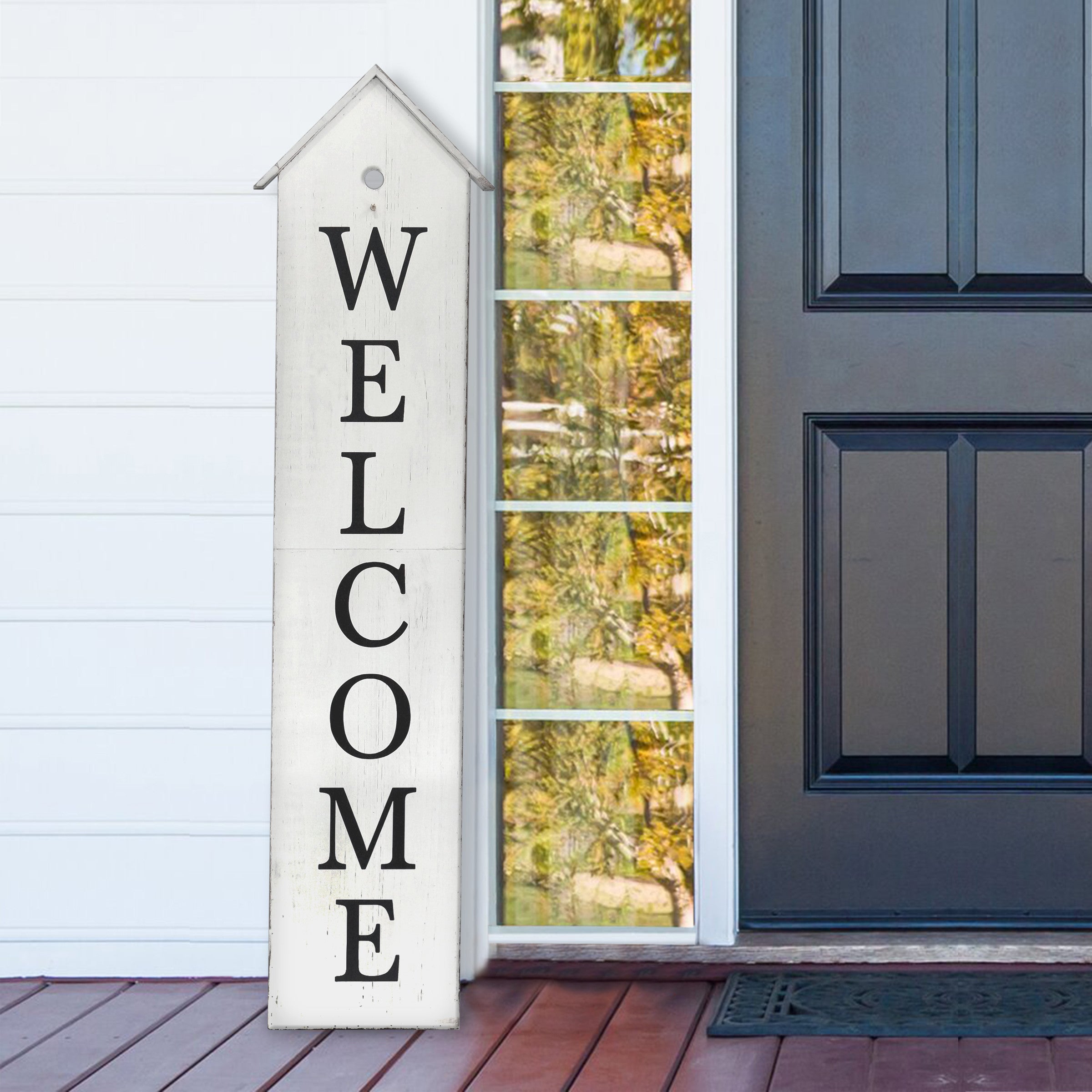 48" White And Black Solid Wood Birdhouse Welcome Porch Sign