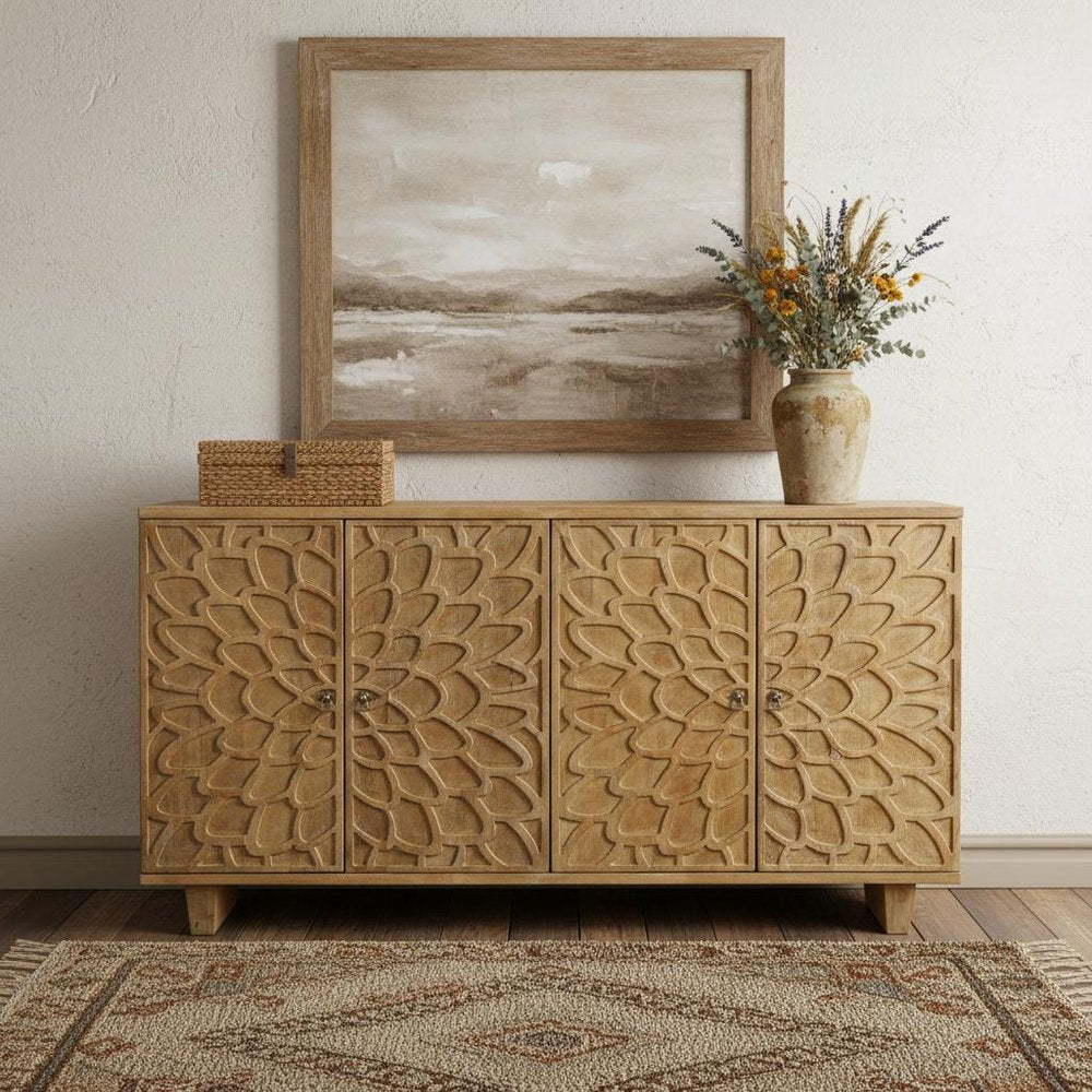 70" Brown Distressed Solid Wood Carved Floral Sideboard with Four Doors