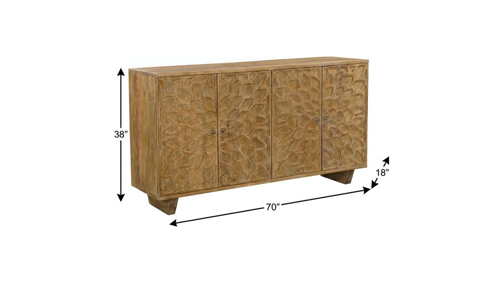 70" Brown Distressed Solid Wood Carved Floral Sideboard with Four Doors