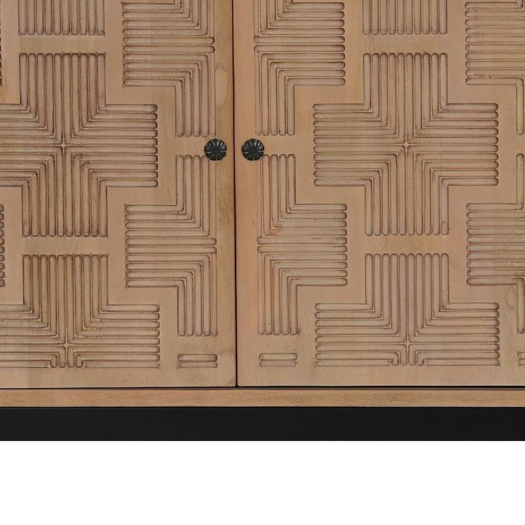 80" Brown Solid Wood Carved Geometric Sideboard with Four Doors