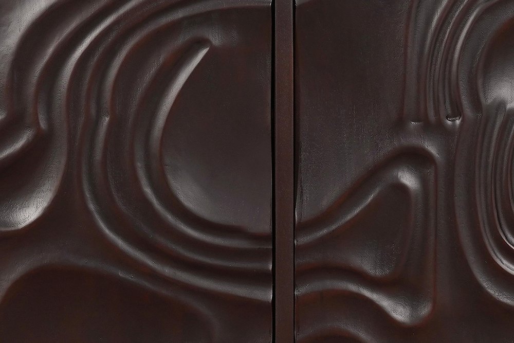 80" Dark Brown Solid Wood Carved Abstract Sideboard with Four Doors
