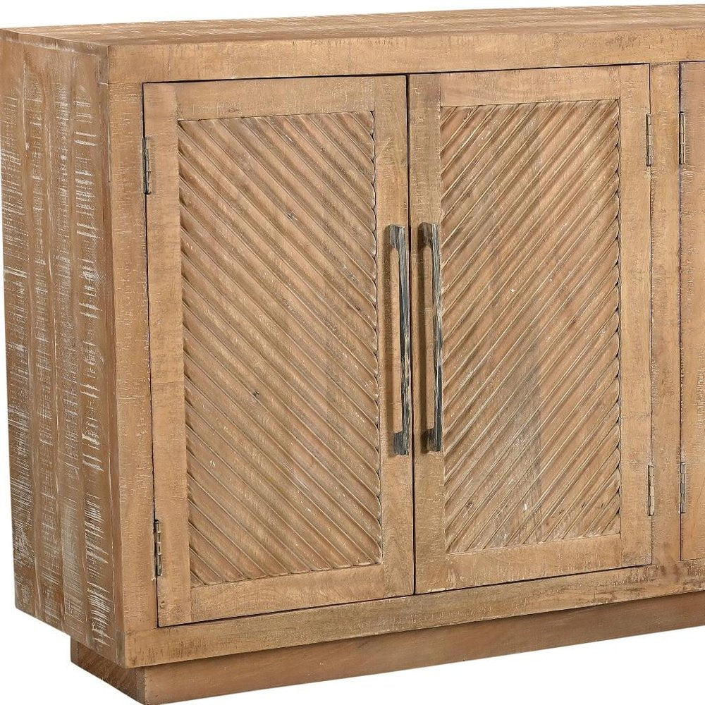 72" Natural Distressed Solid Wood Carved Geometric Sideboard with Four Doors
