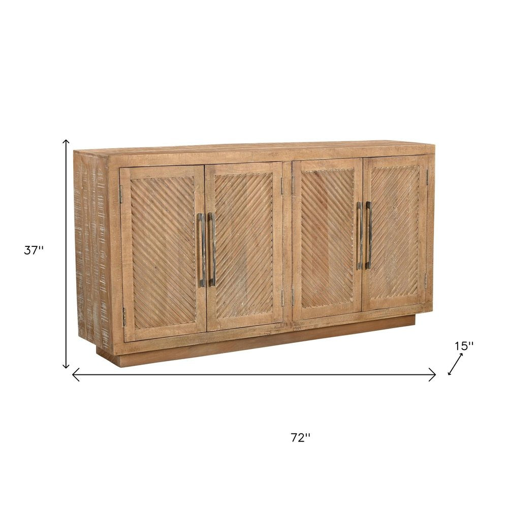 72" Natural Distressed Solid Wood Carved Geometric Sideboard with Four Doors