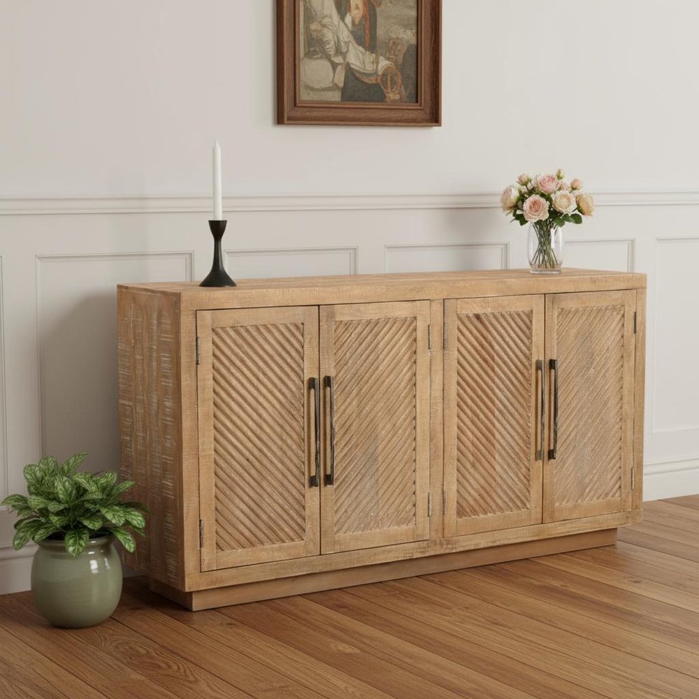 72" Natural Distressed Solid Wood Carved Geometric Sideboard with Four Doors