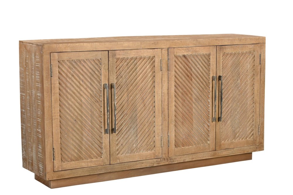 72" Natural Distressed Solid Wood Carved Geometric Sideboard with Four Doors