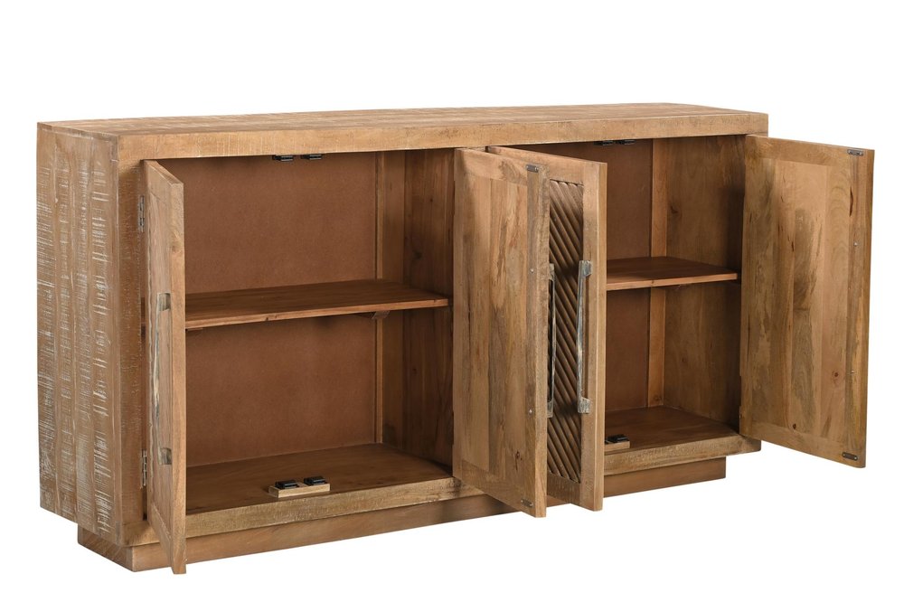 72" Natural Distressed Solid Wood Carved Geometric Sideboard with Four Doors