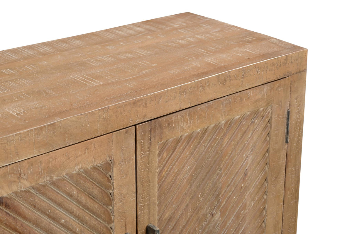 72" Natural Distressed Solid Wood Carved Geometric Sideboard with Four Doors