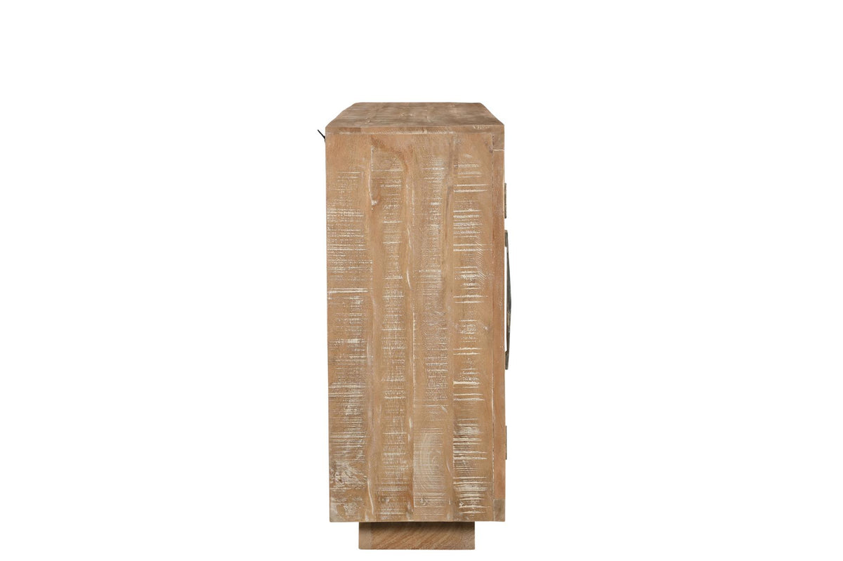 72" Natural Distressed Solid Wood Carved Geometric Sideboard with Four Doors