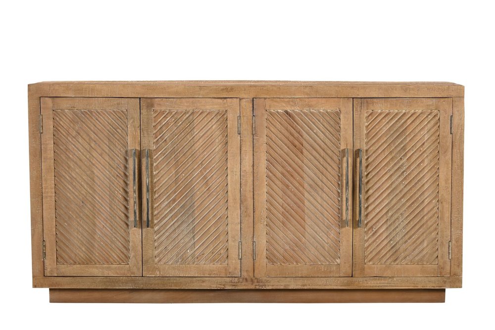 72" Natural Distressed Solid Wood Carved Geometric Sideboard with Four Doors