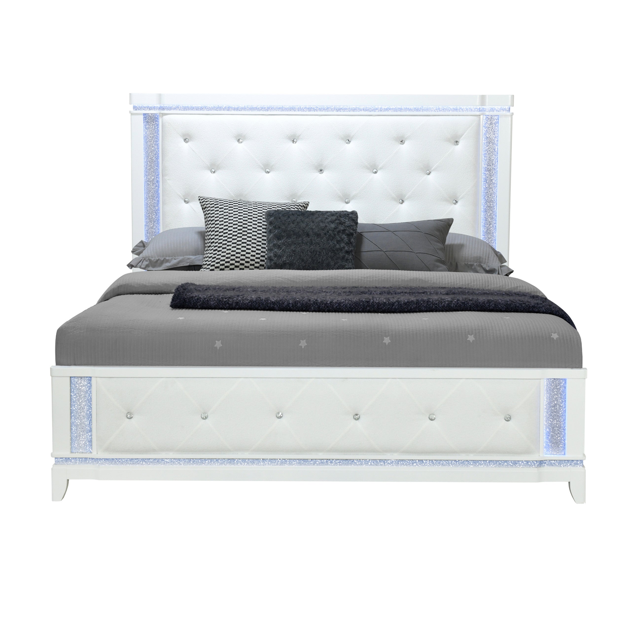 White Faux Crystal Bling Wood And Tufted Cotton Lighted King Bed Frame