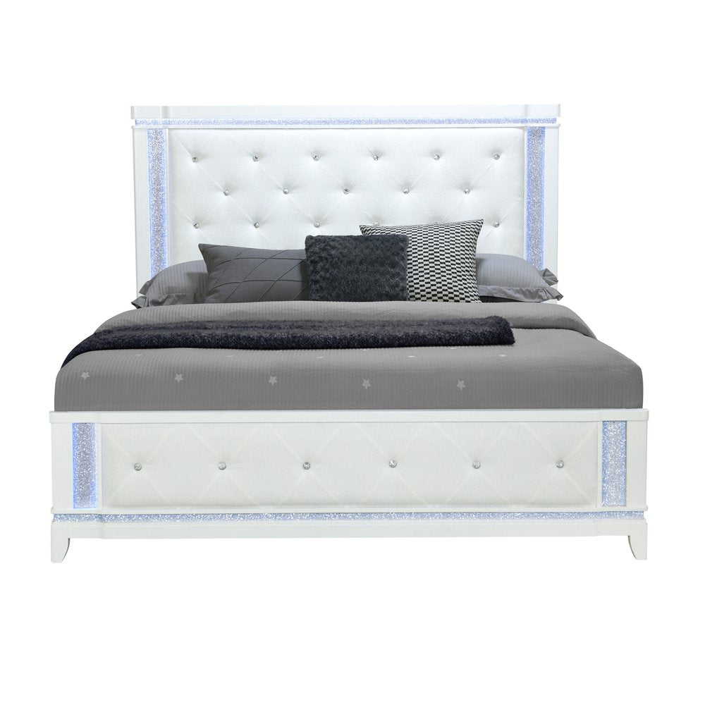 White Faux Crystal Bling Wood And Tufted Cotton Lighted King Bed Frame