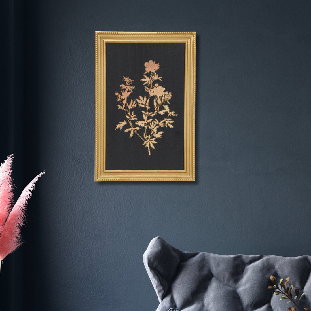 21" X 14" Gold And Black Flower Bouquet Wood Framed Art