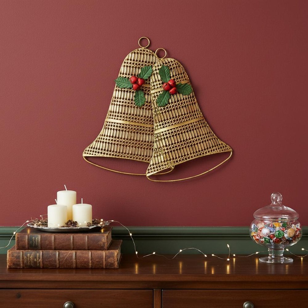 14" X 14" Gold Metal Christmas Bells Hanging Dimensional Sculpture