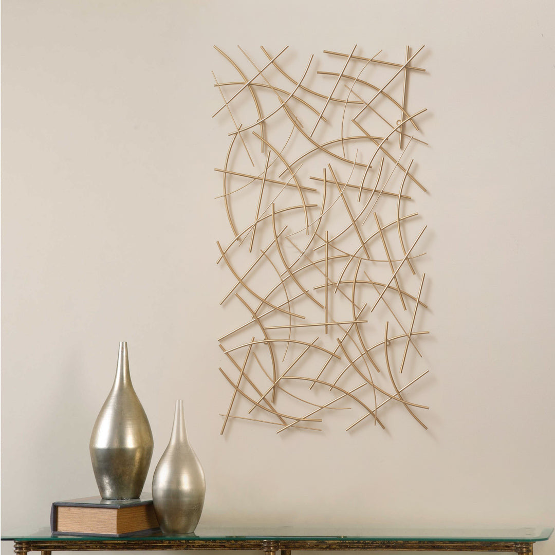 24" X 44" Gold Abstract Lines Metal Hanging Dimensional Sculpture