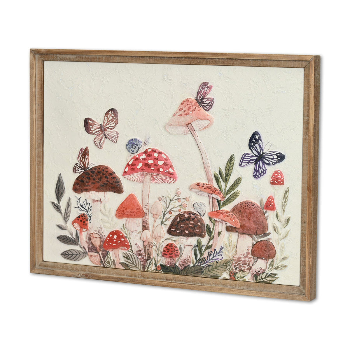 20" X 26" Natural And White Butterflies and Mushrooms Metal Framed Art