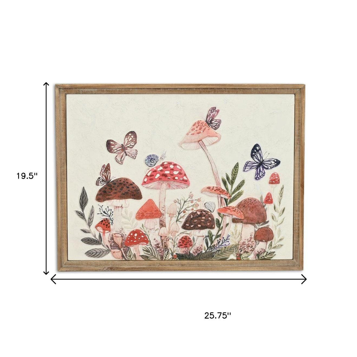 20" X 26" Natural And White Butterflies and Mushrooms Metal Framed Art
